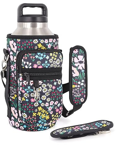 AJLTPA Half Gallon Jugs Water Bottle Holder with Strap and 2 Pockets, 64 oz Water Bottle Sleeve Carrier Compatible with Yeti & RTIC Half Gallon Jugs, 64oz Hydro Flask (Daisy)