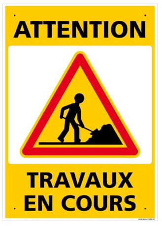 Panneau Attention, Travaux En Cours Pvc 1 Mm - 300 X 420 Mm Signalisation Rectangulaire Prépercée Avec Kit De Fixation Fabrication Française