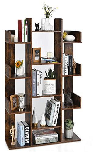 HOMASIS Bücherregal, Standregal im Baumform, Raumteiler Regal mit 13 Ablagen, Aufbewahrungsregal für Arbeitszimmer, Wohnzimmer, Schlafzimmer, Büroregal belastbar 90 kg, 86x23,5x140,5 cm (Braun)
