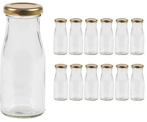 Vitrea 12 botellas vacías de cristal 150 ml, tapón de rosca, color dorado, botellas de leche, zumo, botellas pequeñas para llenar con tapa, para leche, zumo, batidos, aceite, 12 unidades, TO43, Epi