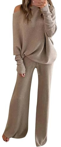 Generico Tuta di Lana da Donna Eleganti Completi Due Pezzi Maglia Larghi Complete Top a Maniche Lunghe Pantaloni a Gamba Larga in Vita Completo Jogging Invernale Set in Maglia Polsino Elastico