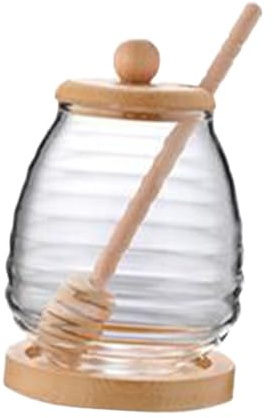 Sharplace Dispensador de Miel en Vidrio, Tarro con Tapa Y Cucharón, Recipiente para Miel en, Tapa Redonda 400ml, Individual