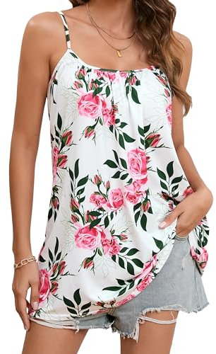 Enmain Womens Camisole Tops Summer Floral Spaghetti Straps Vest Ladies Casual Scoop Neck Pleated Sleeveless Tank Top White Pink XL