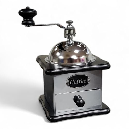 Molinillo de Café Manual Vintage, Diseño Clásico, Metal Cromado y Madera, con Cajón Integrado
