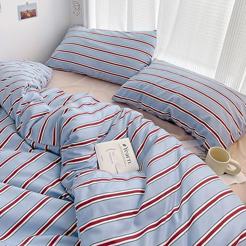 Tabeskly Jungen Mädchen Kinder Gestreifte Wende-Bettwäsche Einzelbettbezug-Sets mit Reißverschluss Rot Blau 135×200cm