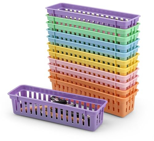 Tsudoku Classroom Storage Baskets, 12 Pack, 25.5*7.5*6cm | Small Plastic Baskets for Organizing, Colorful Storage Trays, Crayon Pencil Containers Organizer Bins for Desk, Drawer