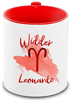 Tasse mit Namen Leonardo und Sternzeichen-Motiv Widder im Lettering-Stil | Keramik-Tasse rot | Astrologie-Geschenk