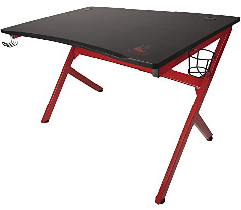 Konix Drakkar Escritorio Gaming Frigg 115 x 73,5 x 76 cm - Fibra de Madera y Acero - Portavasos y Soporte para Casco incluidos - Negro y Rojo