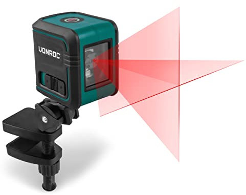 VONROC Laser a linee incrociate Autolivellante Raggio di 10 metri. Misuratore Orizzontale e Verticale. Include morsetto blocco, sacca portautensili e 2 batterie
