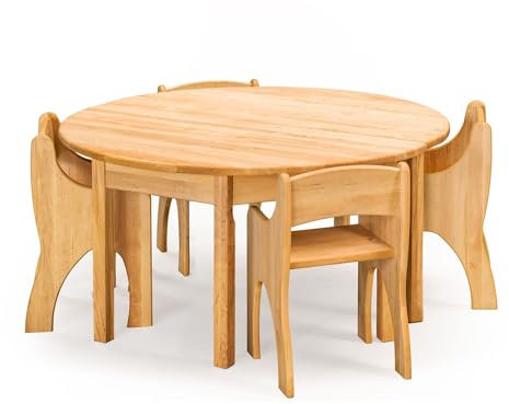BioKinder Tisch Kindertisch rund mit 4 Stühlen mit Armlehnen Levin aus zertifiziertem Massivholz Erle, Sitzhöhe 34 cm