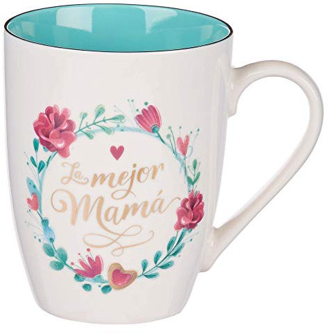La Mejor Mama The Best Mom (Spanisch) Keramik-Kaffee-/Teetasse für Mütter – Weiß/Blaugrün mit inspirierender Kaffeetasse für Mütter, 340 ml