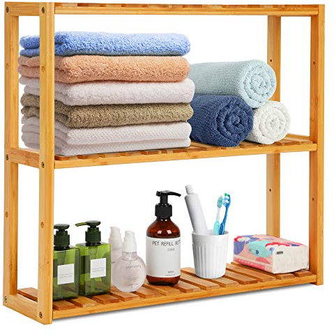 RHtvrll 3-Tier Bamboo Bathroom Shelf, Standing Shelf Units, Wall Shelf Storage, Adjustable pice Rack, Free Standing Shelves, Kitchen Bathroom Living Room Display Stand Shelving Unit