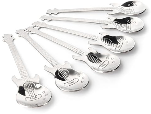 Framendino, Paquete de 6 cucharas de guitarra plateadas de acero inoxidable, cucharas de café expreso, cucharas musicales para remover postres