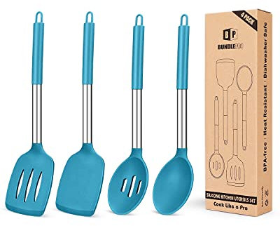 Juego de 4 utensilios de cocina de silicona, espátulas sólidas grandes antiadherentes, cucharas ranuradas azules resistentes al calor, ideales para freír, mezclar, servir, escurrir, girar y remover