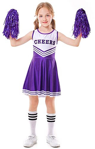 LOLANTA Cheerleader Kostüm Kinder, Cheerleadering Outfit Mädchen mit Pompons(13-14 Jahre,lila,Tag M/170)