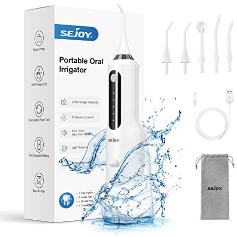 Sejoy Munddusche Kabellos Elektrische, Water Flosser Zahndusche IPX7 Wasserdicht 270ML Tragbar Oral Irrigator USB Aufladen Zahnreiniger Reisemunddusche für Zuhause Büro, mit 5 Modi und 5 Düsen, Weiß