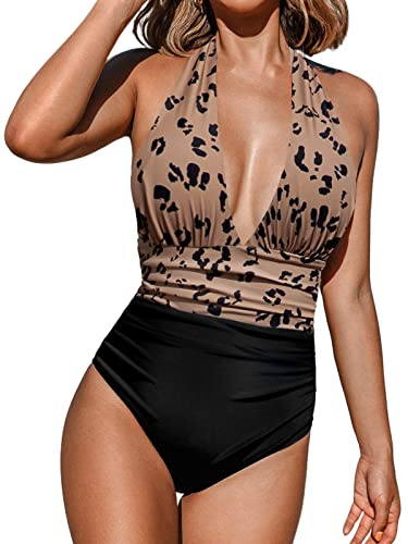 CUPSHE Maillot De Bain Une Pièce pour Femme Col V Licou Dos Nu Froncé Amincissant Contrôle Ventre Vintage Swimsuit Brun Noir S