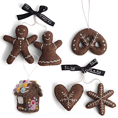 Én Gry & Sif Lebkuchen-Anhänger Set I süße Weihnachtsanhänger, handgemachte Weihnachtsdeko, Winterdeko aus Filz, Weihnachtsbaumschmuck I Lebkuchenhaus mit Lebkuchen-Figuren