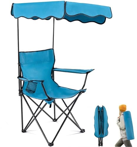 Folding Camping Chair with Canopy Shade for Adults, Portable Beach Chairs with Umbrella Support 330 lbs, Lawn Chair with Cup Holder for Outdoor Fishing Picnic Garden Sports Patio,Blue