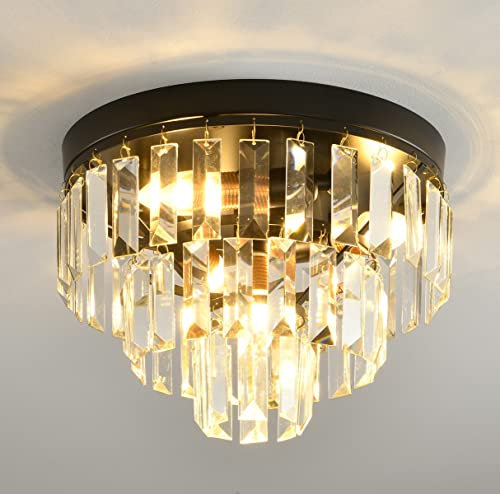 Pageone Moderne Kristall Deckenleuchte Kristall Kronleuchter Rund Klar Kristall Pendelleuchte Deckenlampe Schlafzimmer Kristall Lampe Einstellbar G9×4 für Flur Balkon Küche Wohnzimmer Ø30cm,Schwarz