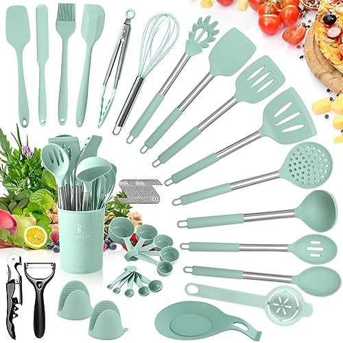 YUTUY Juego de utensilios de cocina de silicona, 51piezas, herramientas Resistentes al Calor y Antiadherentes, verde claro