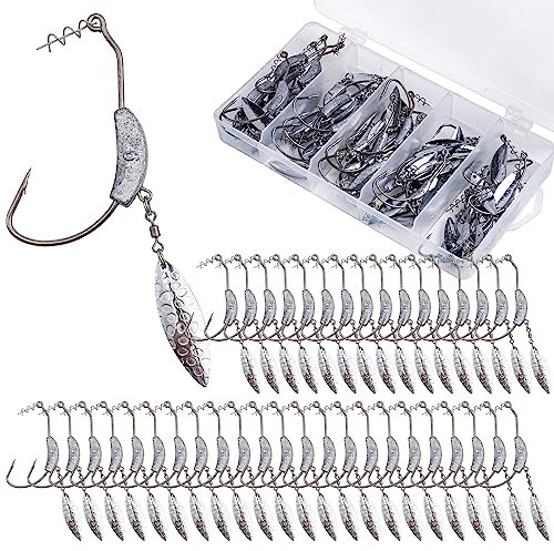 Goture Weighted Fishing Hooks Swim Bait Hooks Twist Lock Fishing Hooks 40Pcs/Box(5 Models Mixed), Weighted Hooks with Silver Spinner Blades for Soft Fishing Lures