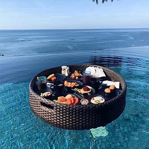 Schwimmendes Tablett für Pool Rattan Gewebtes,Luxus schwimmendes Tablett für Sommer-Pool-Partys,Black-60