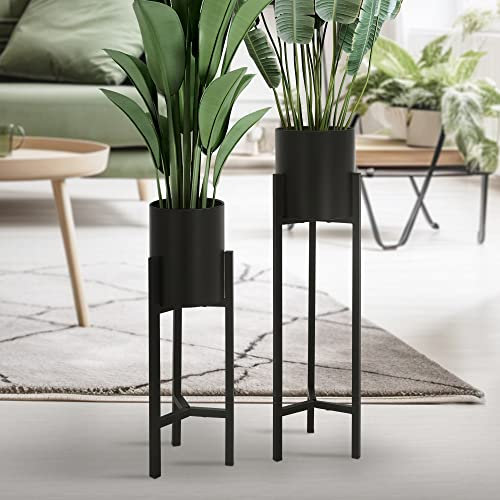 ML-Design Blumenständer im 2er Set, Schwarz, 18x18x56cm / 20x20x76cm, Moderne Blumentopfständer mit Übertopf, Robuste Pflanzenständer aus Metall, Blumentopfhalter 2-TLG, Pflanztopf Deko, Blumenhalter