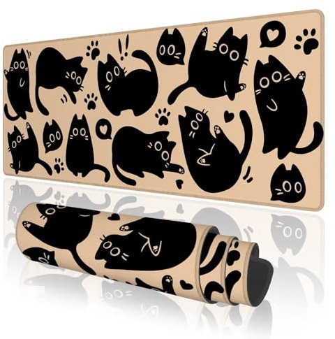 TOXXU Cartoon Black Cats Large Gaming Mouse Pad with Anti-Slip Base, Kawaii Cat Extended XL Mousepad for Girl, Cute Desk Mat with Stitched Edges for Desk, 31.5 x 11.8 in, Brown