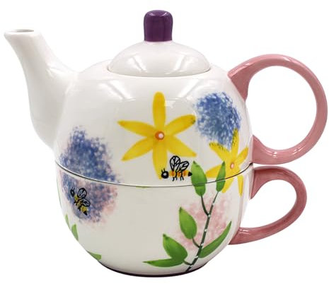 Lesser & Pavey Lynsey Johnstone Alliums & Bees Tea for One | Ceramic Teapot and Cup Set | Beautiful Gift for Home and Office | Stylish Printed Teapot for Tea Lovers