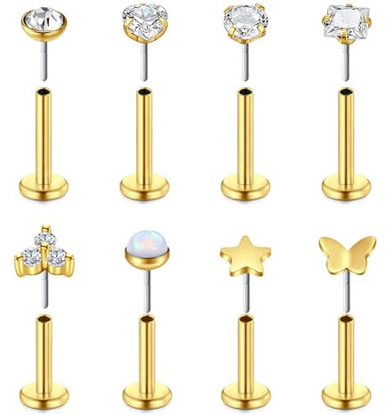 AVYRING Flachrückige Tragus-Piercings, 16G 6mm 8mm Gold Chirurgenstahl Lippenpiercing Set mit eingebetteten CZ & Opal Knorpel Labret Helix Piercing Schmuck für Frauen Mädchen