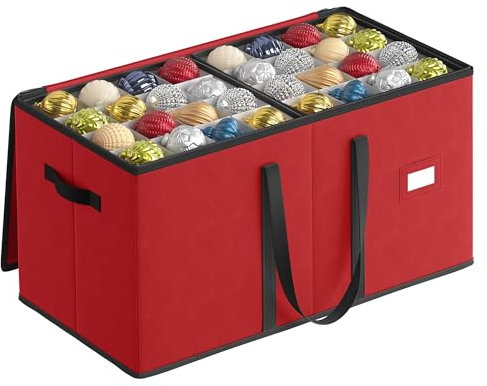 SONGMICS Large Christmas Decoration Storage Box, Dual Zippers, Stackable Christmas Storage Container with Lid, 8 Trays, 600D Oxford, 7.6 cm 128 Slots, Cherry Red RFB035R01