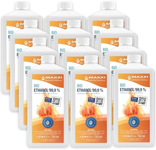 Maxxi Clean | 12x 750 ml Bioethanol für Tischkamine | Made in Germany | geruchsneutral und rußfrei bei Indoor,- und Outdoor Ethanol-Kaminen | geeignet für Raum,- und Gartenfeuer mit Alkohol-Kamin