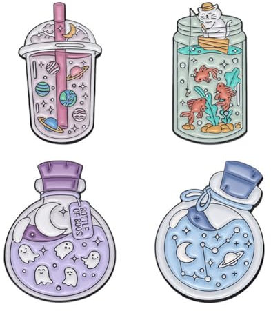 4Pcs Drifting Bottle Milk Tea Cup Brooches Pin Set Universe Animal Enamel Pin Metal Colorful Enamel Badge Clothing Backpack Accessories Gift for Women Men Kids