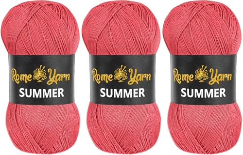 Rome Yarn Summer | 3 x 100g | Sommergarn | #2 Fein | Seideneffekt | 100% Mikrofaser | Anti-Pilling Acrylgarn Wolle (810 Mohnrot)