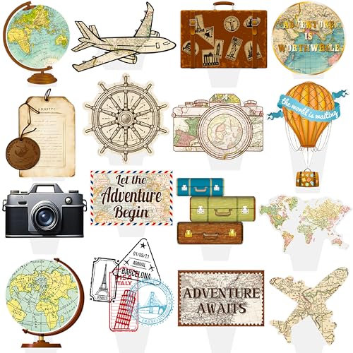 Travel Theme Party Cupcake Toppers 48Pcs Vintage Bon Voyage Birthday Party Decoration Let The Adventure Begin Cupcake Picks for Going Away Farewell Party Travel Around The World Party Supplies