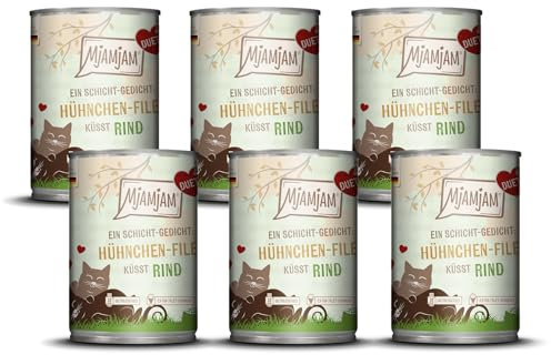 MjAMjAM - Premium Nassfutter für Katzen - Duett - Hühnchen-Filet küsst Rind, 6er Pack (6x390g), getreidefrei