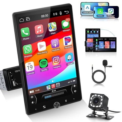 Rimoody Wireless Carplay 1 Din Autoradio mit Android Auto 10.4 Zoll Rotierender Touchscreen Autoradio mit IOS/Android Mirror Link Bluetooth FM USB/AUX/EQ Lenkradsteuerung Rückfahrkamera