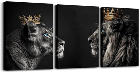 Loussiesd Löwe Badezimmer Leinwandbilder für Home Dekor Gold Queen und King Crown Print 3er Poster Set Safari Print Büro Wandbilder Wild Tier Schwarz Deko Bilder