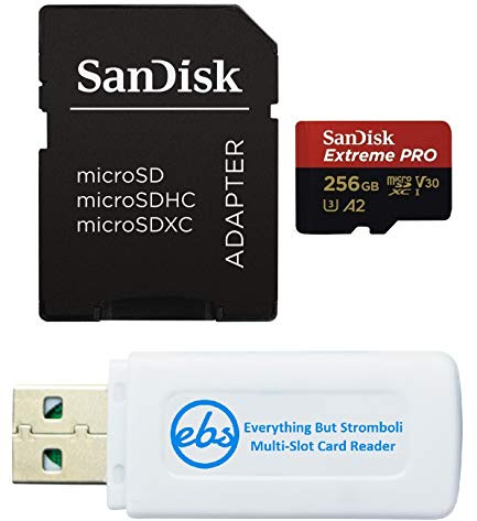 SanDisk Carte mémoire microSDXC Extreme PRO 256 Go compatible avec DJI Air 3S, Air 3 Drone et OSMO Action 4 (SDSQXCD-256G-GN6MA) Bundle avec 1 lecteur de carte micro SD et SD Everything But Stromboli