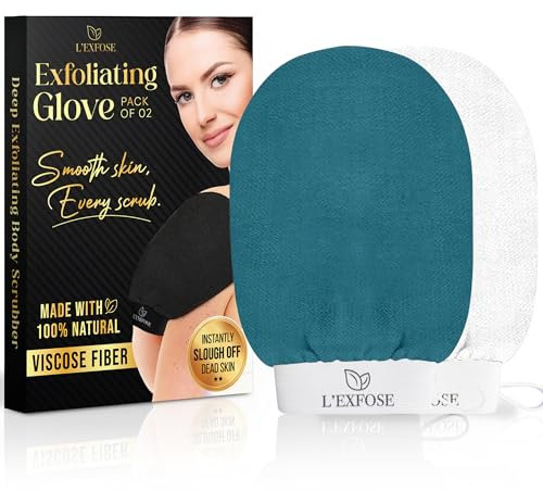 L'Exfose Kessa Hammam-Peeling-Handschuh für die Dusche, koreanischer Peeling-Handschuh, Körperschrubber, ideal für abgestorbene Haut, Keratose, Pilaris und Selbstbräuner (Cyanblau und Elfenbein)