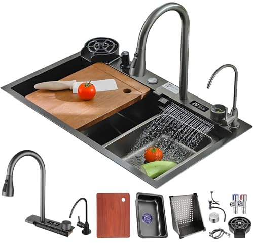 DSMRLEOP Fregadero de cascada negra, fregadero de cocina de acero inoxidable 1 lavabo, multifuncional moderno fregadero cascada con sifón, lavavajillas para vasos y cestas de drenaje, rebosadero y