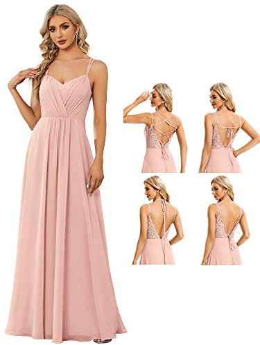 Ever-Pretty Vestito da Damigella Scollo a V Senza Maniche Lungo Elegante Abito da Damigella Rosa 50