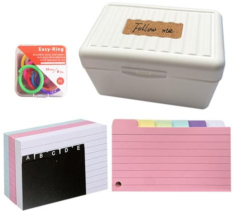 Karteikarten Box Set für A7 mit 150 Farbiges Futter mit Buchringe - Lernkarten für unterwegs, Rezepte oder Notizen, 14.5 x 9 x 8 cm (Weiß)