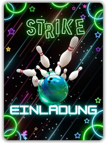 celebr8te 12x grüne Bowling Einladungskarten - Für den Kindergeburtstag von Jungen & Mädchen - Coole Partyeinladungen für Geburtstage inkl. Messenger Bild & Urlaubsgutschein