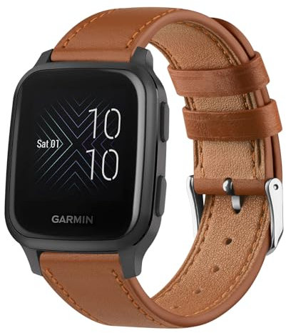 Amzpas Armband 20mm für Garmin Venu Sq/Sq 2 Music Armband Damen Herren,Leder Sport Ersatzarmband für Garmin Venu/2 Plus(Braun)
