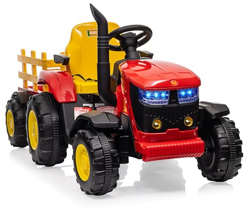 Tractor eléctrico para niños con batería de 12 V con mando a distancia, tractor con remolque con doble motor de 35 W, música Bluetooth/USB, cambio de 3 velocidades, luces de 7 LED (Rojo)