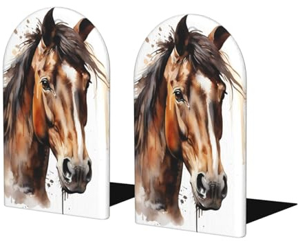 Mexpekil Buchstützen, Aquarell-Pferd, Kunst, Malerei (1) Holz-Buchstützen für Regale, rutschfeste Buchstützen, 2 Stück, robuster Buchstopper, Halter für Büro, Bibliothek, Schule, Kinderzimmer