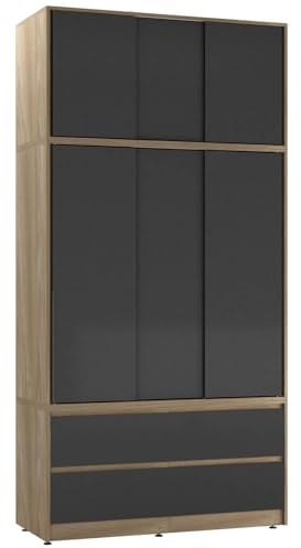URBNLIVING 240cm Sliding Door Wardrobe with 6 Doors & 4 Drawers, Freestanding Bedroom Closet with Hanging Rail & Storage, Engineered Wood, 120cm Wide, Modern Design