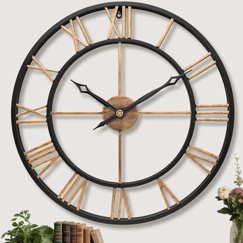 BBALOVEDRE Große Wanduhr XXL 60 cm aus Metall in Gold, Vintage, Lautlos | Wanduhr Große Modern mit Römischen Ziffern, ohne Tickgeräusche, für Wohnzimmer, Küche und Büro, Ideal als Einzugsgeschenk